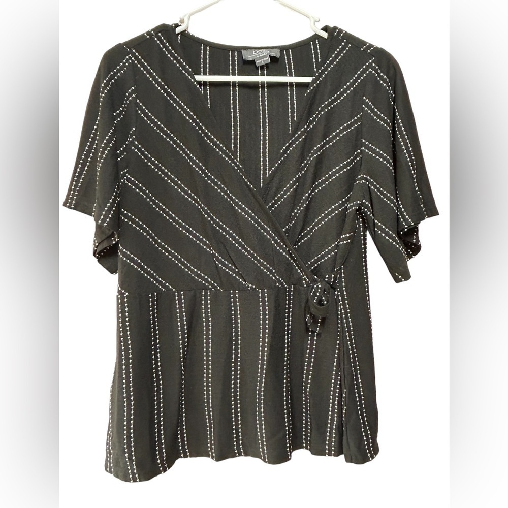 Belle by Belledini Black White Dotted Stripe Wrap Blouse Size S
